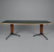 1950s DINING TABLE BY LASZLO HOENIG (1905-1971) WITH GILT TOOLED GREEN LEATHER TOP.