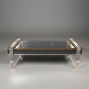 1970s COFFEE TABLE IN THE MANNER OF ROMEO REGA IN LUCITE AND BRASS.