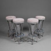 SET OF FOUR 1940S FRENCH MATHIEU MATÉGOT STYLE BAR STOOLS WITH PERFORATED METAL BASES.