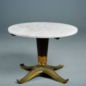 1950s ITALIAN PAOLO BUFFA STYLE COFFEE TABLE WITH MARBLE TOP ON WOOD AND BRASS BASE.