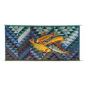 SILKWORK AND EMBROIDERED FISH WALL HANGING.
