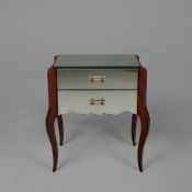 1940s FRENCH MIRRORED BEDSIDE TABLE.