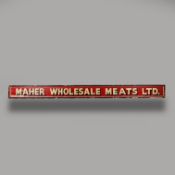 LARGE 1950s PAINTED ADVERTISING SIGN FOR MAHER WHOLESALE MEATS LTD. FROM SMITHFIELD MARKET.