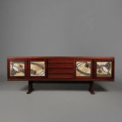 1970s DANISH GANGSO MOBLER ROSEWOOD SIDEBOARD WITH OX-ART STYLE TILED PANEL DOORS.