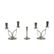 A PAIR OF MID-2OTH CENTURY DANISH SILVER-PLATED CANDLESTICKS BY BERG AND A SINGLE MATCHING. (3)