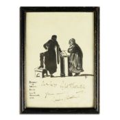 MERCHANT OF VENICE WATERCOLOUR SILHOUETTE, SIGNED BY SYBIL THORNDIKE & LEWIS CASSON.