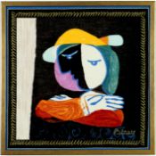 AFTER PABLO PICASSO. WOMAN IN HAT ON COTTON.