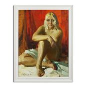 ROMAN PODOBEDOV (1920-2000). A MODEL AGAINST A RED CURTAIN 1960.