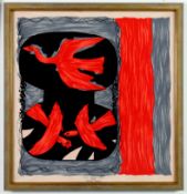 AFTER GEORGES BRAQUE. TROIS OISEAUX ROUGES ON SILK.