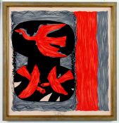 AFTER GEORGES BRAQUE. TROIS OISEAUX ROUGES ON SILK.