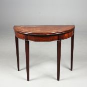 GEORGE III MAHOGANY DEMI LUNE TEA TABLE.