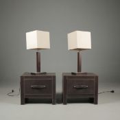 LEATHER BEDSIDES CHESTS, A PAIR, PLUS TWO LAMPS (4).
