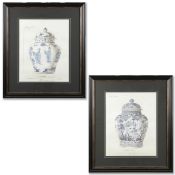 PRINTS OF BLUE AND WHITE CERAMICS, 2 DIFFERING.