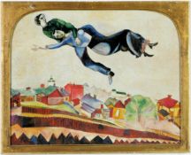 AFTER MARC CHAGALL. COUPLE FLYING OVER VILLAGE.