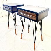 PAIR METAL BEDSIDE TABLES WITH SINGLE DRAWERS.
