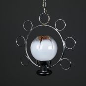 1970s ITALIAN CHROME SATURN PENDANT LIGHT WITH MAZZEGA MURANO GLASS SHADE.