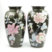 PAIR OF CHINESE PORCELAIN BLACK AND FLORAL VASES (2)
