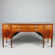 LATE 19TH CENTURY MAHOGANY AND SATINWOOD BREAKFRONT SIDEBOARD.