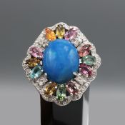 AN OPAL, TOURMALINE AND DIAMOND SET DRESS RING
