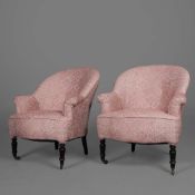 PAIR OF NAPOLEON III EBONISED BERGERES IN GUY GOODFELLOW FABRIC (2)