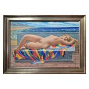 FRANCES STAINTON (BRITISH 1935-2025). YOUNG WOMAN LAYING UPON A DAIS BY THE SEA.