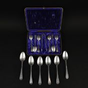 A BOXED SET OF SILVER TEA SPOONS AND SIX GEORGIAN SILVER SPOONS.