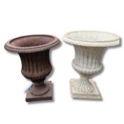 TWO SIMILAR CAST IRON GARDEN URNS (2)