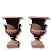 PAIR OF CAST IRON GARDEN URNS WITH HANDLES (2)