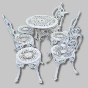 WHITE PAINTED CAST METAL GARDEN TABLE AND FOUR CHAIRS, WITH TWO STOOLS.