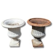 NEAR PAIR OF CAST IRON GARDEN URNS (2)