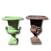 NEAR PAIR OF CAST IRON GRDEN URNS WITH HANDLES (2)