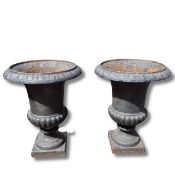PAIR OF BLACK PAINTED CAST IRON GARDEN URNS (2)