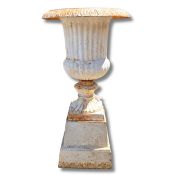 WHITE PAINTED CAST IRON GARDEN URN ON PEDESTAL