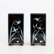 BLACK GLASS VASES WITH WHITE CRANE AND BAMBOO MOTIFS, A PAIR (2)