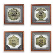 A SET OF FOUR FRAMED CHINESE BRASS CABINET LOCKS. (4)