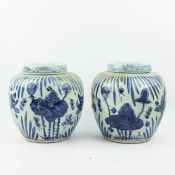 CHINESE EXPORT STYLE BLUE AND WHITE CERAMIC GINGER JARS, A PAIR.
