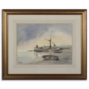 PETER TOMS (B. 1940) BARGE BY THE JETTY