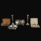 A SILVER CIGARETTE BOX AND PAIR OF CANDLESTICKS WITH OTHER PIECES. (6)