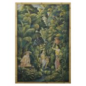 UBUD BALINESE PAINTING FIGURES GATHERING WATER AND FISHING IN THE JUNGLE