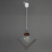 1960s DANISH CHROME AND BROWN METAL PENDANT LIGHT WITH CUT GLASS SHADE