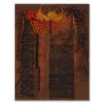 1960s WALL HANGING MIXED MEDIA TAPESTRY IN THE STYLE OF TADEK BEUTLICH.