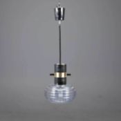 1970s ITALIAN CHROME AND BRASS PENDANT LIGHT WITH RIBBED GLASS SHADE
