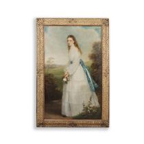 19TH CENTURY BRITISH SCHOOL FULL LENGTH PORTRAIT OF A LADY HOLDING A ROSE