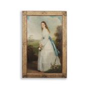 19TH CENTURY BRITISH SCHOOL FULL LENGTH PORTRAIT OF A LADY HOLDING A ROSE