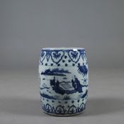 BLUE AND WHITE CERAMIC BARREL STOOL.