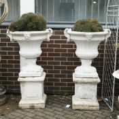 GARDEN URNS ON STANDS, A PAIR.