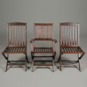 SET OF THREE TEAK GARDEN CHAIRS.