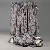 CURTAINS, A PAIR, BROWN FABRIC WITH BLUE