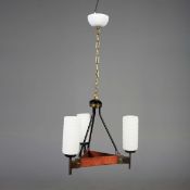 1960s ITALIAN WOOD AND BRASS PENDANT LIGHT WITH THREE OPALINE GLASS SHADES