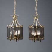 PAIR OF 1970s ITALIAN BRASS AND SMOKED GLASS PENDANT LIGHTS